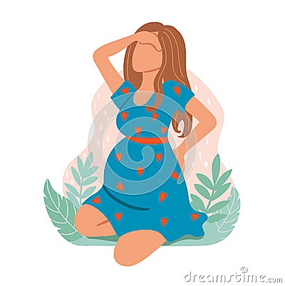 Pregnant young woman having back aches and holding her head. Woman in pain. Flat vector illustration on white Vector Illustration