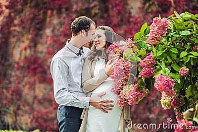 A pregnant young woman and her husband. A happy family standing at the red autumn hedge, smelling a flower hydrangea. pregnant Stock Photo