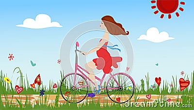 Pregnant young woman riding bike on spring flowering field. Vector Illustration