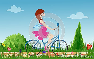 Pregnant young woman riding bike on spring flowering field. Vector Illustration