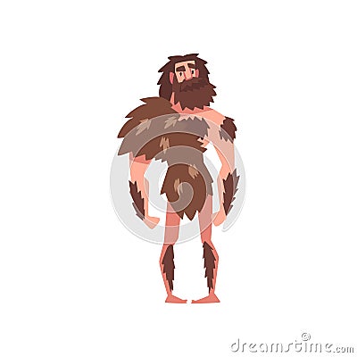 Prehistoric Bearded Man, Primitive Stone Age Caveman Wearing Animal Pelt Cartoon Character Vector Illustration Vector Illustration