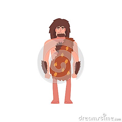 Prehistoric Bearded Man Wearing Animal Pelt, Primitive Stone Age Caveman Cartoon Character Vector Illustration Vector Illustration