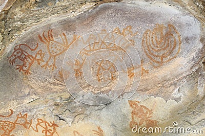 Prehistoric cave painting in Bhimbetka -India. Stock Photo