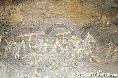 Prehistoric cave painting in Bhimbetka -India. Stock Photo