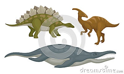 Prehistoric Dinosaurs Animals with Sharp Teeth and Tails Vector Set Vector Illustration