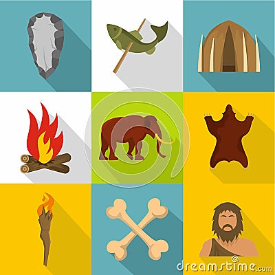 Prehistoric icons set, cartoon style Vector Illustration