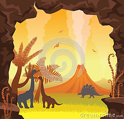Prehistoric landscape - cave, volcano, dinosaurs, sky. Cartoon Illustration