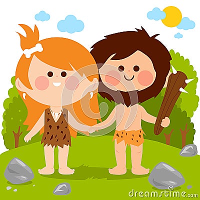 Prehistoric landscape with cavemen. Vector illustration Vector Illustration