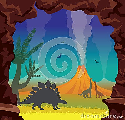 Prehistoric landscape with dinosaurs, volcano, cave and night sk Vector Illustration