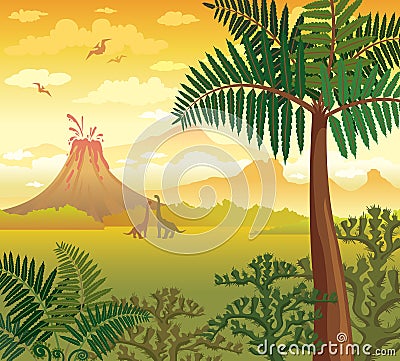 Prehistoric landscape with dinosaurs, volcano and plants. Vector Illustration