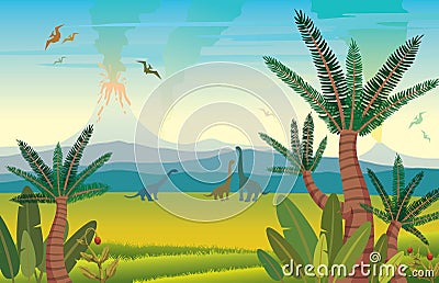 Prehistoric landscape with dinosaurs, volcano and plants. Cartoon Illustration