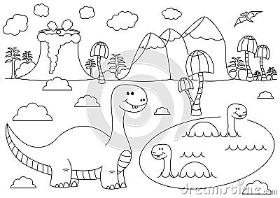 Prehistoric landscape with funny cartoon dinosaurs - Brontosaurus in the water Vector Illustration