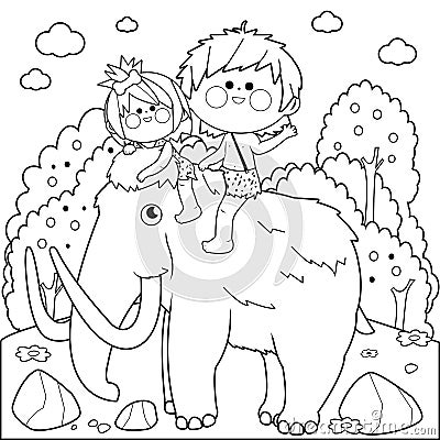 Prehistoric landscape with children riding a mammoth. Vector black and white coloring page. Vector Illustration