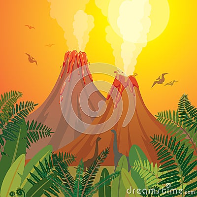 Prehistoric nature landscape - volcanoes, dinosaurs, fern. Cartoon Illustration