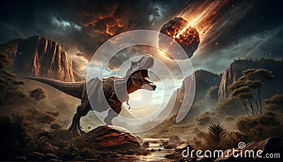 Prehistoric Landscape with Tyrannosaurus Rex and Fiery Meteor in the Sky Stock Photo