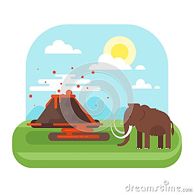 Prehistoric landscape and volcano with mammoth Vector Illustration