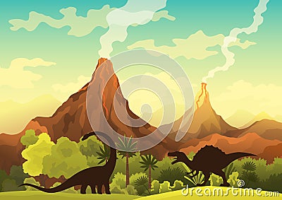 Prehistoric landscape - volcano with smoke, mountains, dinosaurs and green vegetation. Vector illustration of beautiful Vector Illustration