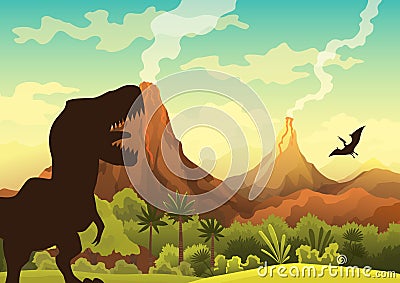 Prehistoric landscape - volcano with smoke, mountains, dinosaurs and green vegetation. Vector illustration of beautiful Vector Illustration