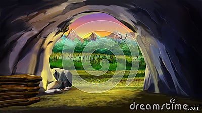 Prehistoric man cave illustration Stock Photo