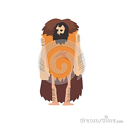 Prehistoric Muscular Bearded Man Wearing Animal Pelt, Primitive Stone Age Caveman Cartoon Character Vector Illustration Vector Illustration