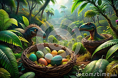 Prehistoric Nesting Grounds Unveiling Dinosaur Eggs in a Lush Jungle Setting and Insights into Ancient Reproduction Stock Photo