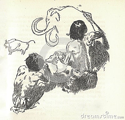 Prehistoric people draw a mammoth and other animals on the cave wall. Depiction of a prehistoric animals. Old black Cartoon Illustration