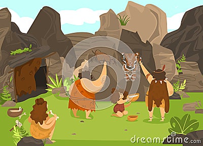 Prehistoric people drawing on rock, stone age cavemen and cute child in primitive tribe, vector illustration Vector Illustration