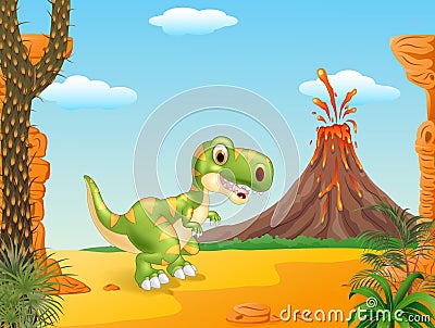 Prehistoric scene with happy tyrannosaurus dinosaur mascot Vector Illustration