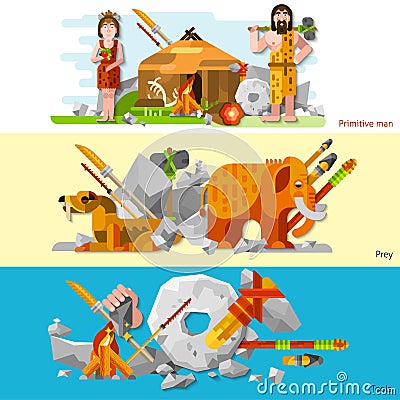 Prehistoric Stone Age Caveman Banners Vector Illustration