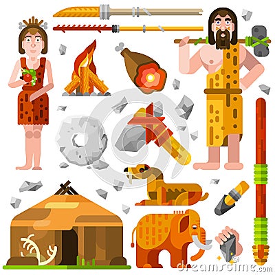 Prehistoric Stone Age Caveman Icons Vector Illustration