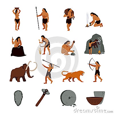 Prehistoric Stone Age Caveman Icons Vector Illustration