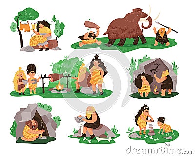 Prehistoric stone age primitive people life, set of vector illustration. Caveman banners with mammoth hunting, life of Vector Illustration