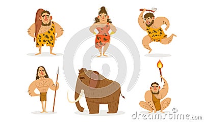 Prehistoric Stone Age Set, Primitive Men and Woman with Weapon, Mammoth Vector Illustration Vector Illustration