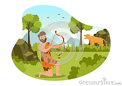 Prehistoric Stone Age Tribes Hunting Large Animals with Weapon in Flat Cartoon Hand Drawing Template Illustration Vector Illustration