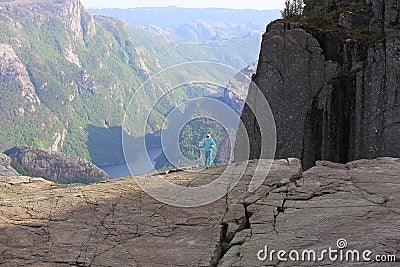 Preikestolen - landscape of tourist at the top of spectacular Pulpit Rock cliff Stock Photo