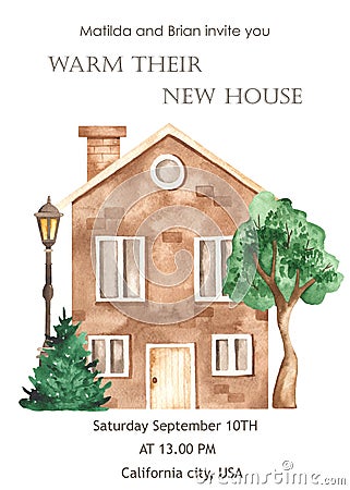 Watercolor card with old houses, tree, housewarming invitation Stock Photo