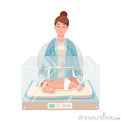 Premature newborn infant lies inside neonatal intensive care unit, female doctor or pediatric nurse stands beside it and Vector Illustration