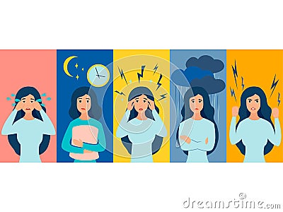 Premenstrual syndrome in women. Negative emotions, tears, hysterics. In minimalist style. Cartoon flat raster Cartoon Illustration