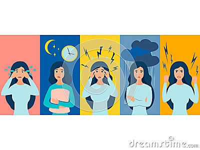 Premenstrual syndrome in women. Negative emotions, tears, hysterics. In minimalist style. Cartoon flat vector Vector Illustration