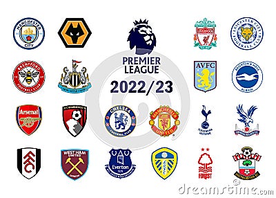 Premier League 2022-2023 of England. Leicester City, Liverpool, Chelsea, Manchester United, Manchester City, Arsenal, Tottenham Vector Illustration