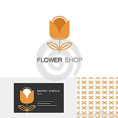 Premium business identity set with tulip emblem, business card design template and seamless pattern for flower shop. Vector Illustration