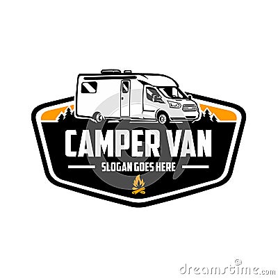 Premium Campervan Emblem Logo. Ready Made Motorhome RV Caravan Template Logo Vector Illustration