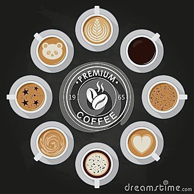 Premium Coffee cups, americano, latte, espresso, cappuccino, macchiato, mocha, art, drawings on coffee crema, view top Vector Illustration