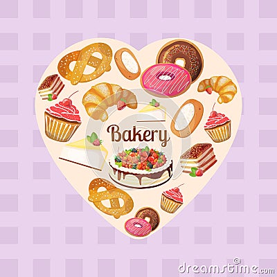 Premium collection of colorful tasty cakes and bakery in heart shape Vector Illustration