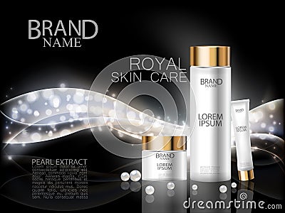 Premium cosmetic ads. Face care royal pearl extract white luxury bottle and cream on abstract shiny ivory wave design element with Cartoon Illustration