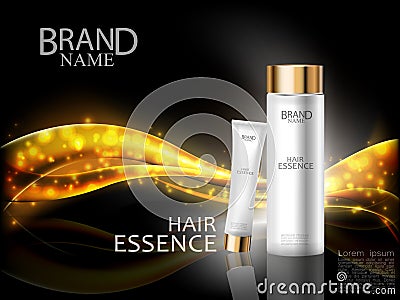 Premium cosmetic ads. Hair essence white bottle and cream on abstract shiny gold wave design element with glitter effect on black Vector Illustration