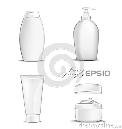 Premium cosmetics mock-up set white color with silver lid on white on background. Vector Illustration