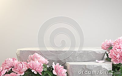 Premium 3d Rendering White Step Stone Podium Display, Pink Flower Floral Bouquet, Abstract Illustration Background Stock Photo