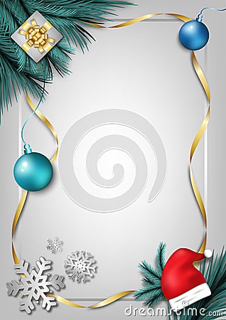 Premium festival celebration, merry christmas, happy new year, silver background, ribbon frame poster, pine leaf decoration, santa Vector Illustration