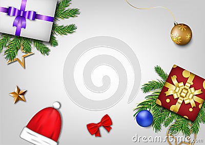 Premium festival celebration, gift box, gold star, pine leaf, ball, santa hat, top view, white background, merry christmas, happy Vector Illustration